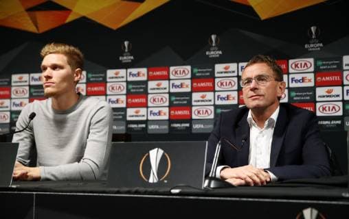 RB Leipzig PK Football Euro League Glasgow 07 11 2018 Celtic Park Football UEFA Europa League PK the day before the match Celtic FC Glasgow SCO vs RB Leipzig GER In the picture v l Marcel Halstenberg Player RB Leipzig and coach Ralf Rangnick RB Leipzig