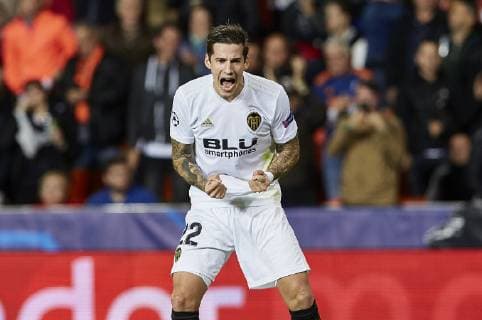 7th November 2018, Mestalla Stadium, Valencia, Spain; UEFA Champions League football, Valencia versus Young Boys; Forward Santi Mina of Valencia CF celebrates after scoring the first goal for his team in minute 14  ActionPlus12077040 IvanxArlandis
