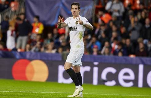7th November 2018, Mestalla Stadium, Valencia, Spain; UEFA Champions League football, Valencia versus Young Boys; Forward Santi Mina of Valencia CF celebrates after scoring the first goal for his team in  ActionPlus12077041 IvanxArlandis