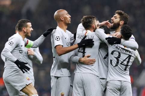 MOSCOW, RUSSIA â€“ NOVEMBER 7, 2018: AS Roma players celebrate scoring against CSKA Moscow in their 2018 19 UEFA Champions League Group G Round 4 football match at Luzhniki Stadium. Mikhail Japaridze TASS  TS0969BF