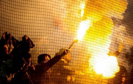 MOSCOW, RUSSIA â€“ NOVEMBER 7, 2018: CSKA Moscow fans light smoke flares at their team s 2018 19 UEFA Champions League Group G Round 4 football match against AS Roma at Luzhniki Stadium. Valery Sharifulin TASS  TS0969C0