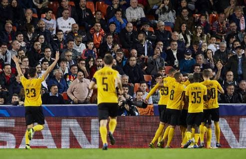 7th November 2018, Mestalla Stadium, Valencia, Spain; UEFA Champions League football, Valencia versus Young Boys; Roger Assale of Young Boys celebrates after scoring the equalizer goal for his team (1-1) in minute 36  ActionPlus12077045 IvanxArlandis