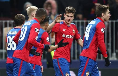 MOSCOW, RUSSIA â€“ NOVEMBER 7, 2018: CSKA Moscowâ€™s Ivan Oblyakov, Hordur Magnusson, Rodrigo Becao, Ilzat Akhmetov, Arnor Sigurdsson and Kirill Nababkin (L-R) celebrate scoring against AS Roma in their 2018 19 UEFA Champions League Group G Round 4 football match at Luzhniki Stadium. Valery Sharifulin TASS  TS0969C9