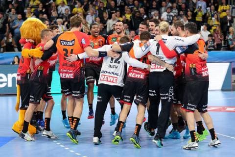player the Rhine Neckar lions cheers after the final whistle victory winner winner cheers cheers joy optimistic highlight action action handball champions league Rhine Neckar lions lions Montpellier HB xozx