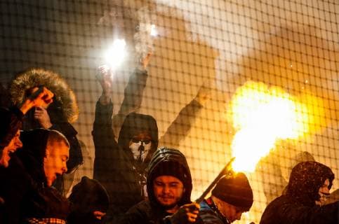 MOSCOW, RUSSIA â€“ NOVEMBER 7, 2018: CSKA Moscow fans light smoke flares at their team s 2018 19 UEFA Champions League Group G Round 4 football match against AS Roma at Luzhniki Stadium. Mikhail Japaridze TASS  TS0969E9