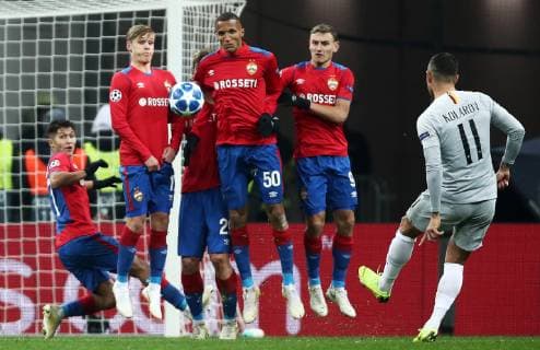 MOSCOW, RUSSIA â€“ NOVEMBER 7, 2018: CSKA Moscowâ€™s Ilzat Akhmetov, Arnor Sigurdsson, Jaka Bijol, Rodrigo Becao and Fyodor Chalov (L-R) during a penalty shot by AS Romaâ€™s Aleksandar Kolarov in their 2018 19 UEFA Champions League Group G Round 4 football match at Luzhniki Stadium; AS Roma won 2-1. Valery Sharifulin TASS  TS0969ED
