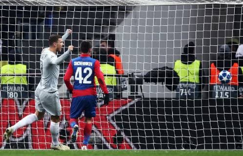 MOSCOW, RUSSIA â€“ NOVEMBER 7, 2018: A goal scored against CSKA Moscow in their 2018 19 UEFA Champions League Group G Round 4 football match against AS Roma at Luzhniki Stadium; AS Roma won 2-1. Valery Sharifulin TASS  TS0969F7