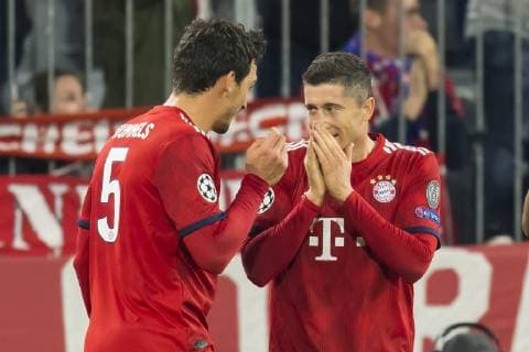 GER UEFA CL FC Bayern Muenchen GER vs AEK Athens GRC 07 11 2018 Allianz Arena Muenchen GER UEFA CL FC Bayern Muenchen GER vs AEK Athens GRC Group E UEFA regulations prohibit any use of photographs as image sequences and or quasi video in picture Jubel nach dem Tor zum 1 0 by Robert Lewandowski FCB 9 with LMats Hummels FCB 5 nordphotox xStraubmeier nph00004