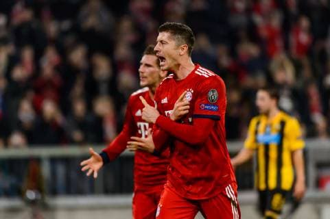 Munich Germany 07 11 2018 UEFA Champions League 2018 19 Season Back Round Group Phase Group E 4 Matchday FC Bayern Muenchen AEK Athens FC Robert Lewandowski FCB cheers goal cheers after his goal to 1 0 DeFodi527
