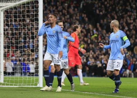 7th November 2018, Etihad Stadium, Manchester, England; UEFA Champions League football, Manchester City versus Shakhtar Donetsk; Gabriel Jesus of Manchester City is congratulated by his team mates after scoring from the penalty spot to make it 2-0 to City in the 23rd minute  ActionPlus12077072 ConorxMolloy