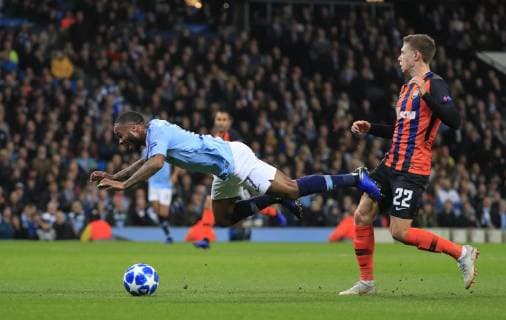 7th November 2018, Etihad Stadium, Manchester, England; UEFA Champions League football, Manchester City versus Shakhtar Donetsk; Raheem Sterling of Manchester City is fouled by Mykola Matviienko of Shakhtar Donetsk leading to a penalty for City in the 23rd minute  ActionPlus12077068 ConorxMolloy