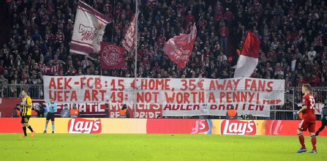 07 11 2018 Football UEFA Champions League 2018 2019 Group Phase 4 Matchday FC Bayern Munich AEK Athens in the Allianz Arena Munich Protests of the Bavarian fans against expensive AWAY tickets Away DFL and DFB regulations prohibit any use of photographs as image sequences and or quasi video