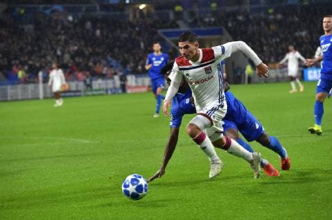 Houssem Aouar (lyon) vs Kasim Nuhu (hoffenheim) FOOTBALL : Lyon vs Hoffenheim - Phase de groupes - Ligue des Champions - 07 11 2018 FredericChambert Panoramic 
