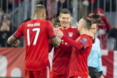 GER UEFA CL FC Bayern Muenchen GER vs AEK Athens GRC 07 11 2018 Allianz Arena Muenchen GER UEFA CL FC Bayern Muenchen GER vs AEK Athens GRC Group E UEFA regulations prohibit any use of photographs as image sequences and or quasi video in the picture Jubel nach dem Tor zum 2 0 by Robert Lewandowski FCB 9 with Jerome Boateng FCB 17 Franck Ribery FCB 7 nordphotox xStraubmeier nph00004