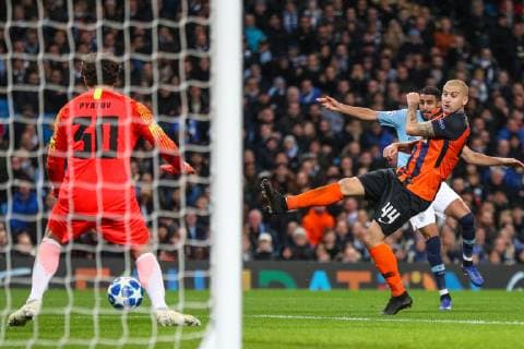 Riyad Mahrez of Man City scores to make it 5-0 during the UEFA Champions League group match between Manchester City and Shakhtar Donetsk at the Etihad Stadium, Manchester, England on 7 November 2018. Copyright: xPRiMExMediaxImagesx PMI-2381-0025