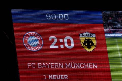 GER UEFA CL FC Bayern Muenchen GER vs AEK Athens GRC 07 11 2018 Allianz Arena Muenchen GER UEFA CL FC Bayern Muenchen GER vs AEK Athens GRC Group E UEFA regulations prohibit any use of photographs as image sequences and or quasi video in picture Final score on scoreboard 2 0 nordphotox xStraubmeier nph00004