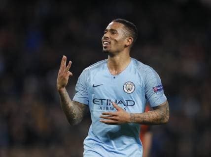 Gabriel Jesus of Manchester City celebrates scoring his hat trick during the UEFA Champions League Group H match at the Etihad Stadium, Manchester. Picture date 7th November 2018. Picture credit should read: Simon Bellis Sportimage EDITORIAL USE ONLY. No use with unauthorised audio, video, data, fixture lists, club league logos or live services. Online in-match use limited to 120 images, no video emulation. No use in betting, games or single club league player publications.
