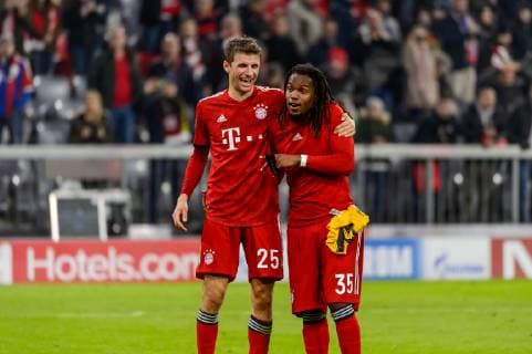Munich Germany 07 11 2018 UEFA Champions League 2018 19 Season Back Round Group Phase Group E 4 Matchday FC Bayern Muenchen AEK Athens FC Thomas Mueller FCB and Renato Sanches FCB laugh laugh laugh DeFodi527