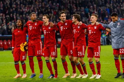 Munich Germany 07 11 2018 UEFA Champions League 2018 19 Season Back Round Group Phase Group E 4 Matchday FC Bayern Muenchen AEK Athens FC Renato Sanches FCB Jerome Boateng FCB Leon Goretzka FCB Mats Hummels FCB Thomas Mueller FCB Joshua Kimmich FCB and Serge Gnabry FCB cheer DeFodi527