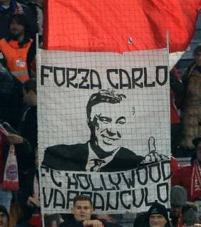 07 11 2018 Champions League FC Bayern vs AEK Athens Allianz Arena Munich Football Sport in picture FCB Fans with Ancelotti Poster DFL REGULATIONS PROHIBIT ANY USE OF PHOTOGRAPHS AS IMAGE SEQUENCES AND OR QUASI VIDEO