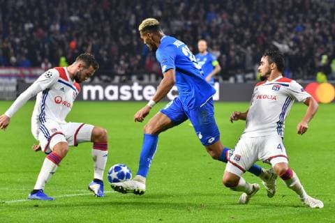 Olympique Lyon TSG 1899 Hoffenheim Hoffenheims Joelinton Nr 34 against Olympique Lyons Lucas Tousart and right Olympique Lyons Rafael Da Silva at the Champions League match Olympique Lyon TSG 1899 Hoffenheim Lyon 07 11 18 Football Champions League Lyon France