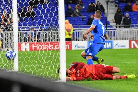 Olympique Lyon TSG 1899 Hoffenheim Hoffenheims Pavel Kaderabek No. 3 turns off jubilantly on the ground Olympique Lyons Anthony Lopes at the game in the Champions League Olympique Lyon TSG 1899 Hoffenheim Lyon 07 11 18 Football Champions League Lyon France