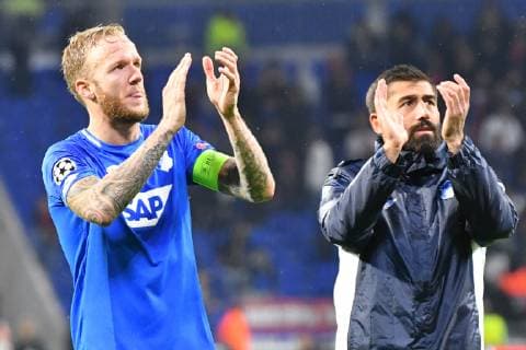 Olympique Lyon TSG 1899 Hoffenheim Hoffenheims Kevin Vogt No 22 and right Hoffenheims Kerem Demirbay No 10 at the Champions League match Olympique Lyon TSG 1899 Hoffenheim Lyon 07 11 18 Football Champions League Lyon France