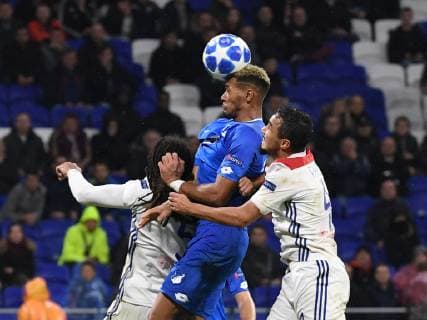 07 11 2018 xmeix Football UEFA Champions League Olympique Lyon TSG 1899 Hoffenheim emspor v l Olympique Lyons Jason Denayer and Olympique Lyons Rafael Da Silva against Joelinton TSG 1899 Hoffenheim and Andrej Kramaric TSG 1899 Hoffenheim DFL DFB REGULATIONS PROHIBIT ANY USE OF PHOTOGRAPHS as IMAGE SEQUENCES and or QUASI VIDEO Lyon prio:1