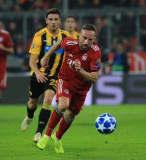 (181108) -- MUNICH, Nov. 8, 2018 -- Bayern Munich s Franck Ribery (R) competes during a 4th round match of group E in the UEFA Champions League between Bayern Munich of Germany and AEK Athens of Greece, in Munich, Germany, on Nov. 7, 2018. Bayern Munich won 2-0. ) (SP)GERMANY-MUNICH-SOCCER-UEFA CHAMPIONS LEAGUE-BAYERN MUNICH VS AEK ATHENS PhilippexRuiz 