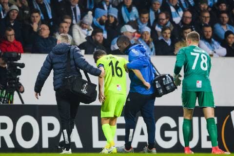 181108 Joachim Thomassen of Sarpsborg 08 in pain during the Europa League group stage match between Malmö FF and Sarpsborg 08 on November 8, 2018 in Malmö. Photo: Petter Arvidson BILDBYRN kod PA 92149  Copyright: PETTERxARVIDSON BB181108PA044