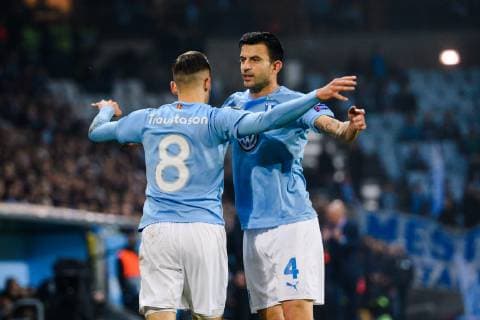 181108 Behrang Safari and Arn?r Ingvi Traustasn of Malmö FF celebrates during the Europa League group stage match between Malmö FF and Sarpsborg 08 on November 8, 2018 in Malmö.  Copyright: LUDVIGxTHUNMAN BB181108LT011