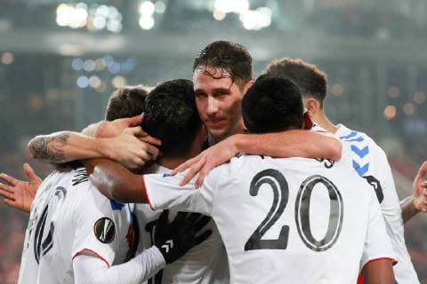 MOSCOW, RUSSIA - NOVEMBER 8, 2018: Rangers Glasgow s players celebrate scoring in the 2018 19 UEFA Europa League Group G Round 4 football match against Spartak Moscow at Otkrytie Arena. Sergei Fadeichev TASS  TS096BBE