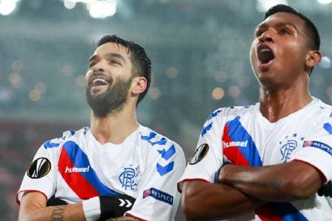 MOSCOW, RUSSIA - NOVEMBER 8, 2018: Rangers Glasgow s Daniel Candeias (L) and Alfredo Morelos celebrate scoring in the 2018 19 UEFA Europa League Group G Round 4 football match against Spartak Moscow at Otkrytie Arena. Sergei Fadeichev TASS  TS096BC1