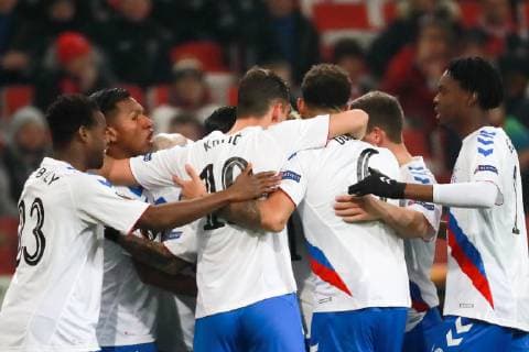 MOSCOW, RUSSIA - NOVEMBER 8, 2018: Rangers Glasgow s players celebrate scoring in the 2018 19 UEFA Europa League Group G Round 4 football match against Spartak Moscow at Otkrytie Arena. Sergei Fadeichev TASS  TS096BC5