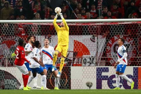 MOSCOW, RUSSIA - NOVEMBER 8, 2018: Rangers Glasgow s goalkeeper Allan McGregor (C) makes a save in the 2018 19 UEFA Europa League Group G Round 4 football match against Spartak Moscow at Otkrytie Arena. Sergei Fadeichev TASS  TS096BCA
