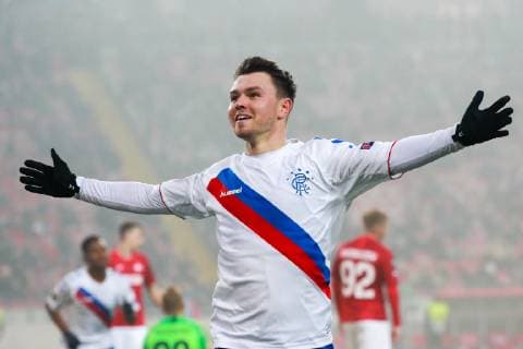 MOSCOW, RUSSIA - NOVEMBER 8, 2018: Rangers Glasgow s Glenn Middleton celebrates scoring in the 2018 19 UEFA Europa League Group G Round 4 football match against Spartak Moscow at Otkrytie Arena. Sergei Fadeichev TASS  TS096BCB
