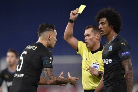 Lucas Ocampos of Olimpique de Marseille gets a yellow card during the UEFA Europa League Group Stage match between Lazio and Olympique de Marseille at Stadio Olimpico, Rome, Italy on 8 November 2018. Copyright: xGiuseppexMaffiax 21840020