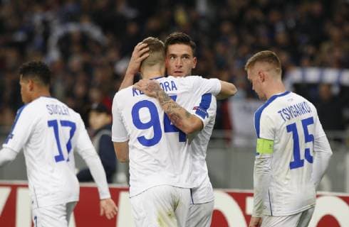 November 8, 2018 - Kiev, Ukraine - BENJAMIN VERBIC (2-R) of Dynamo celebrates with his team after scoring a goal action during the UEFA Europa League, second leg soccer match between Rennes and Dynamo Kyiv, at the Olimpiyskiy stadium in Kiev, Ukraine, on 08 November, 2018. Rennes vs Dynamo Kyiv, the UEFA Europa League soccer match - ZUMAg194 20181108_zap_g194_004 Copyright: xSergxGlovnyx