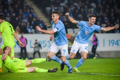 181108 Marcus Antonsson and Markus Rosenberg of Malmö FF celebrates after 1-1 during the Europa League group stage match between Malmö FF and Sarpsborg 08 on November 8, 2018 in Malmö.  Copyright: LUDVIGxTHUNMAN BB181108LT037