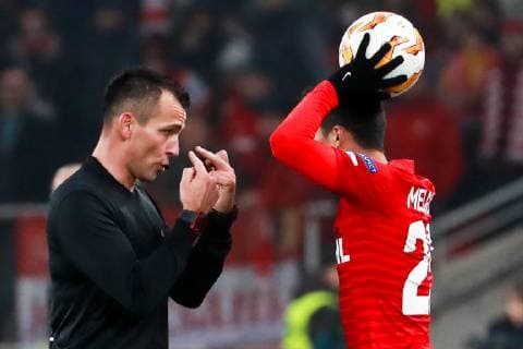 MOSCOW, RUSSIA - NOVEMBER 8, 2018: Referee Ivan Bebek (L) and Spartak Moscow s Lorenzo Melgarejo in the 2018 19 UEFA Europa League Group G Round 4 football match against Rangers Glasgow at Otkrytie Arena. Sergei Fadeichev TASS  TS096BE2