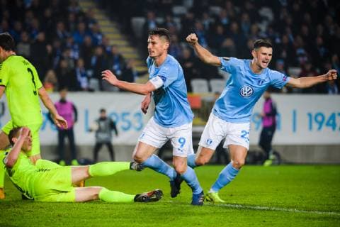 181108 Markus Rosenberg and Marcus Antonsson of Malmö FF celebrates after 1-1 during the Europa League group stage match between Malmö FF and Sarpsborg 08 on November 8, 2018 in Malmö.  Copyright: LUDVIGxTHUNMAN BB181108LT047