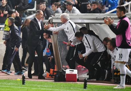 08 11 2018 xjhx Football UEFA Europa League Apollon Limassol Eintracht Frankfurt emspor v l Coach Adolf Adi Huetter Eintracht Frankfurt Co Coach Armin Reutershahn Eintracht Frankfurt cheers after DFL DFB REGULATIONS PROHIBIT ANY USE OF PHOTOGRAPHS as IMAGE SEQUENCES and or QUASI VIDEO Limassol