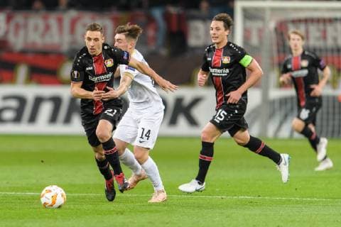Bayer 04 Leverkusen vs FC Zurich Europa League Group Phase 08 11 2018 vl Dominik Kohr Bayer 04 Leverkusen 21 Toni Domgjoni FC Zurich 14 Julian Baumgartlinger Bayer 04 Leverkusen 15 at the Europa League match between Bayer 04 Leverkusen and FC Zurich on 08 11 2018 Leverkusen NRW Germany BayArena