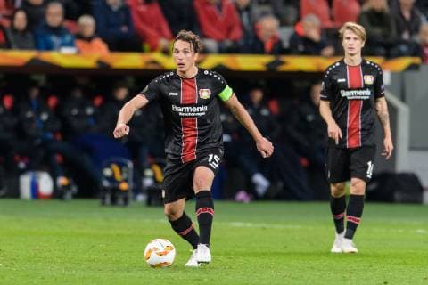Bayer 04 Leverkusen vs FC Zurich Europa League Group Phase 08 11 2018 Julian Baumgartlinger Bayer 04 Leverkusen 15 and Tin Jedvaj Bayer 04 Leverkusen 16 at the Europa League match between Bayer 04 Leverkusen and FC Zurich on 08 11 2018 Leverkusen NRW Germany BayArena