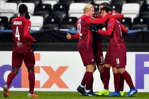 SOCCER - UEFA EL, Rosenborg vs RBS TRONDHEIM,NORWAY,08.NOV.18 - SOCCER - UEFA Europa League, group stage, Rosenborg BK vs Red Bull Salzburg. Image shows the rejoicing of Xaver Schlager, Andreas Ulmer, Munas Dabbur and Takumi Minamino (RBS). GEPAxpictures xFlorianxErtl