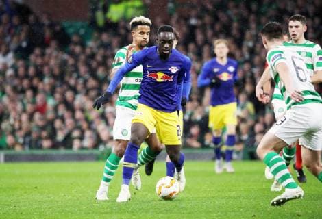 Celtic Glasgow RB Leipzig Soccer Euro League Glasgow 08 11 2018 Celtic Park Soccer UEFA Euro League Group B 4 Matchday Celtic Glasgow vs RB Leipzig In the picture from left Scott Sinclair 11 Celtic Jean Kevin Augustin 29 RB Leipzig and Kieran Tierney 63 Celtic According to UEFA specifications, it is prohibited to use or have used photographs taken in the stadium and or during the match in the form of sequence pictures and or video-like photo sequences