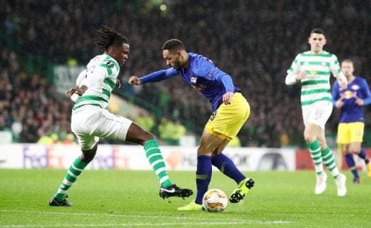 Celtic Glasgow RB Leipzig Football Euro League Glasgow 08 11 2018 Celtic Park Football UEFA Europa League Group B Matchday 4 Celtic FC Glasgow FC SCO vs RB Leipzig GER Im Bild v l Dedryck Boyata 20 Celtic and Matheus Cunha 20 RB Leipzig UEFA æregulations prohibit any use of photographs as image sequences and or quasi video