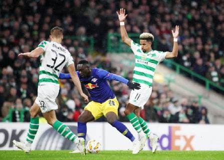Celtic Glasgow RB Leipzig Football Euro League Glasgow 08 11 2018 Celtic Park Football UEFA Europa League Group B Matchday 4 Celtic FC Glasgow FC SCO vs RB Leipzig GER Im Bild v l Filip Benkovic 32 Celtic Jean Kevin Augustin 29 RB Leipzig and Scott Sinclair 11 Celtic UEFA æregulations prohibit any use of photographs as image sequences and or quasi video