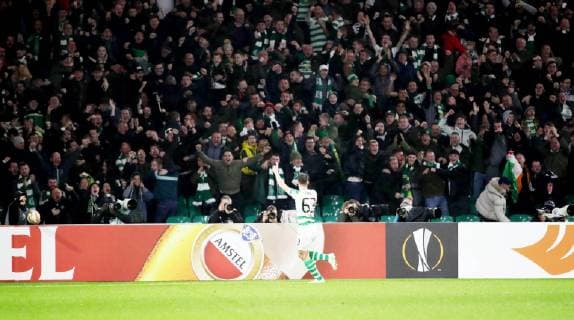 Celtic Glasgow RB Leipzig Football Euro League Glasgow 08 11 2018 Celtic Park Football UEFA Euro League Group B 4 Matchday Celtic Glasgow vs. RB Leipzig In the picture Goal for Celtic Glasgow Kieran Tierney 63 Celtic scores to 1 0 and cheers According to UEFA specifications, it is forbidden to use or have used photos taken in the stadium and or the match in the form of sequence pictures and or video-like photo sequences