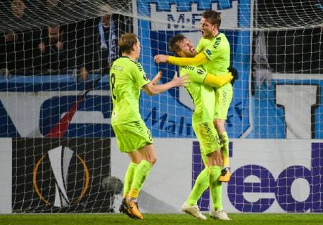 181108 Patrick Mortensen of Sarpsborg 08 celebrates with teammates after 0-1 during the Europa League group stage match between Malmö FF and Sarpsborg 08 on November 8, 2018 in Malmö.  Copyright: LUDVIGxTHUNMAN BB181108LT071